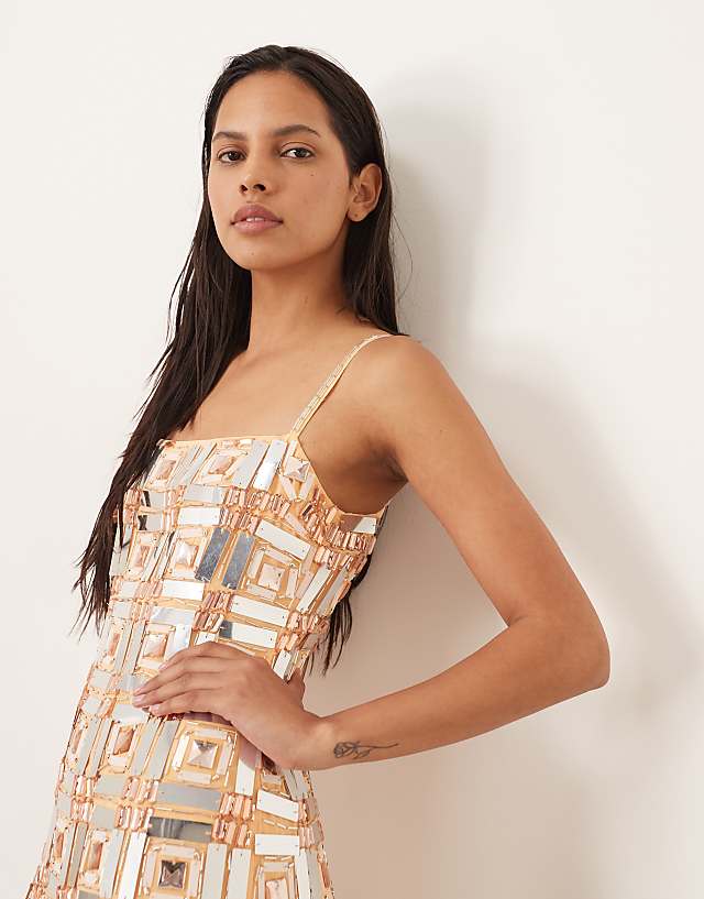 ARRANGE Geo Grid Embellished Cami Column Midi Dress In Orange