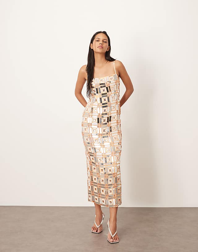 ARRANGE geo grid embellished cami column midi dress in orange