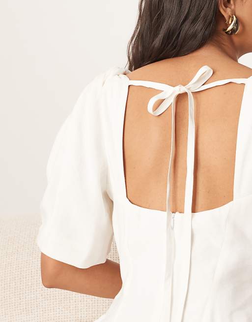 ARRANGE Premium Linen Twist Shoulder Midi Dress In White