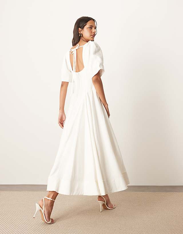 ARRANGE Premium Linen Twist Shoulder Midi Dress In White