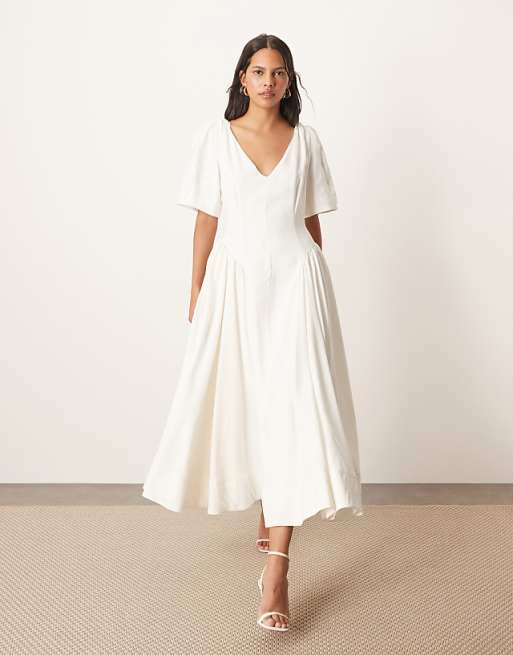 ARRANGE premium linen twist shoulder midi dress in white