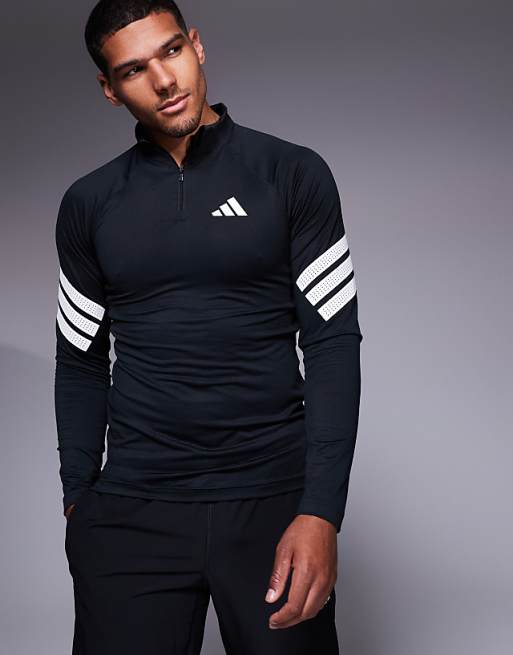 adidas Training Gym+ 3 stripe 1/4 zip in black