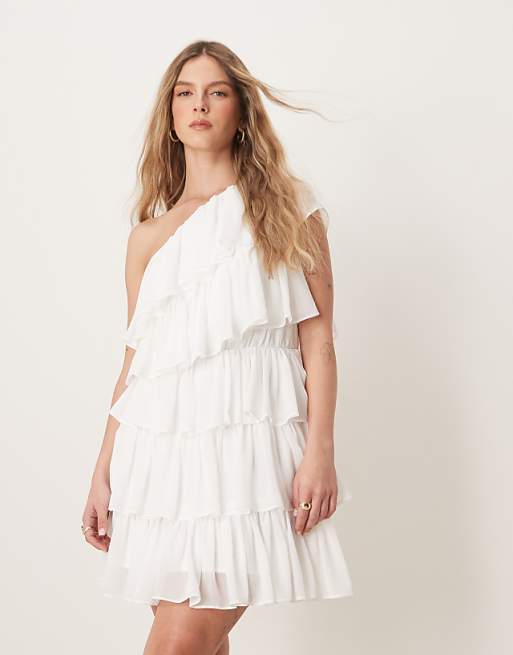 Anaya One Shoulder Tiered Mini Dress In White