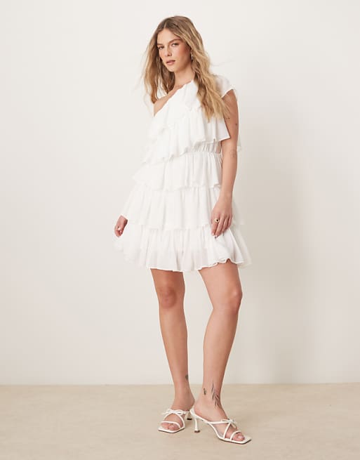 Anaya One shoulder tiered mini dress in white