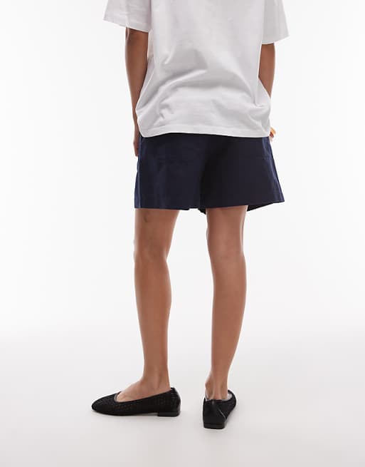ARKET Mid Waist Linen Chino Shorts In Navy