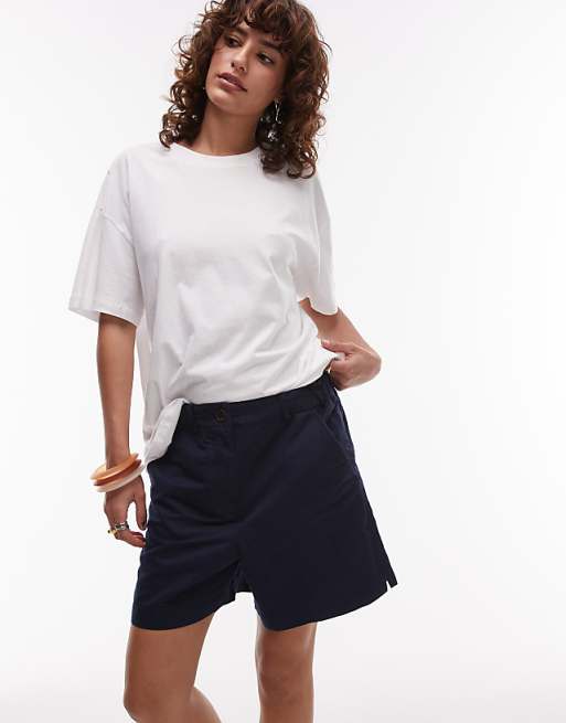 ARKET Mid Waist Linen Chino Shorts In Navy
