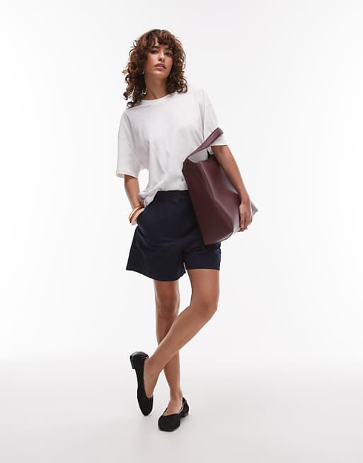 ARKET Mid Waist Linen Chino Shorts In Navy