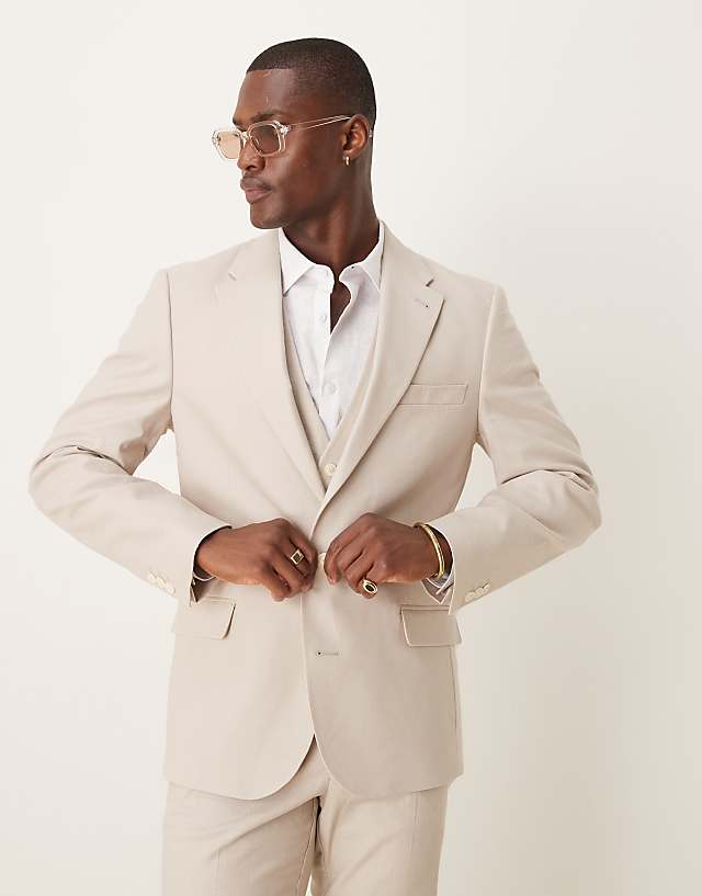 ASOS DESIGN Linen Blend Skinny Suit In Stone