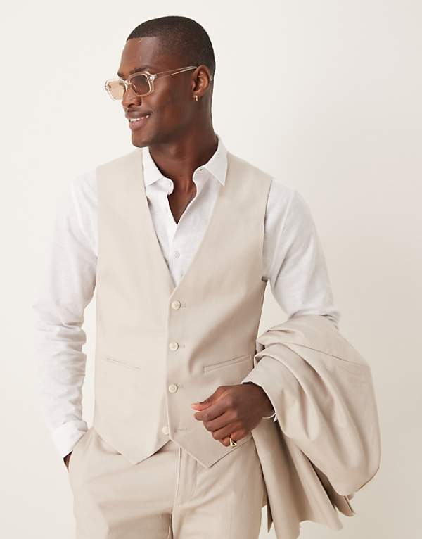 ASOS DESIGN Linen Blend Skinny Suit In Stone