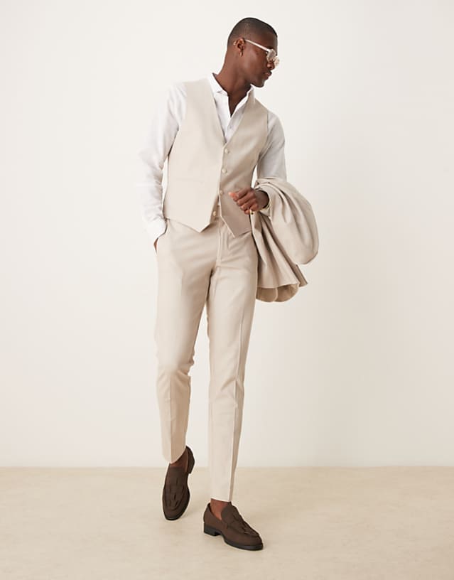 ASOS DESIGN linen blend skinny suit in stone