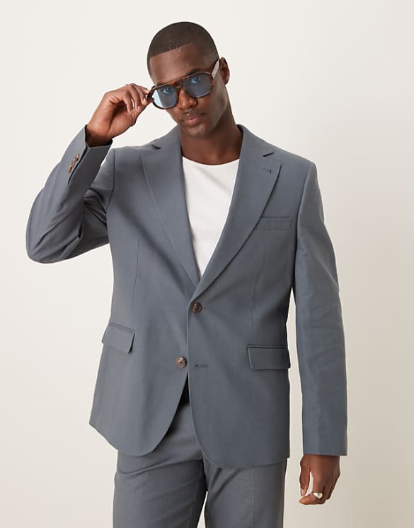 ASOS DESIGN Linen Blend Slim Suit In Blue