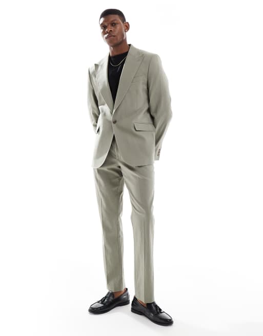 ASOS DESIGN Linen Blend Slim Suit In Khaki