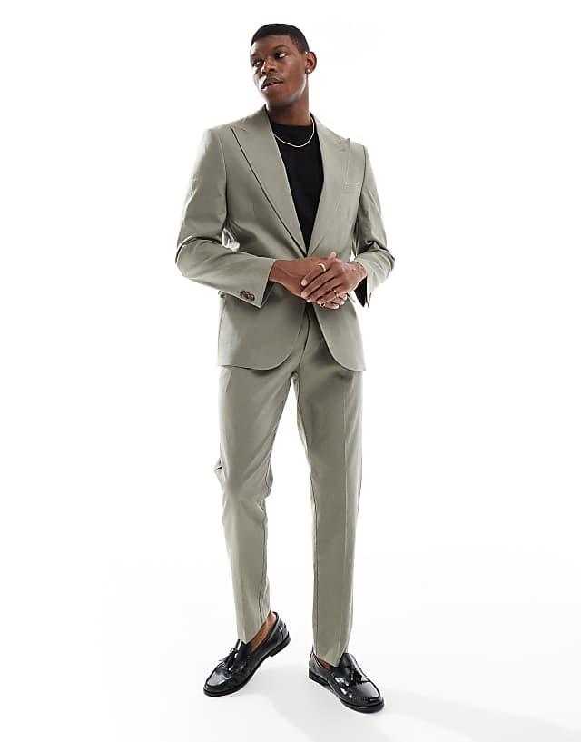 ASOS DESIGN linen blend slim suit in khaki