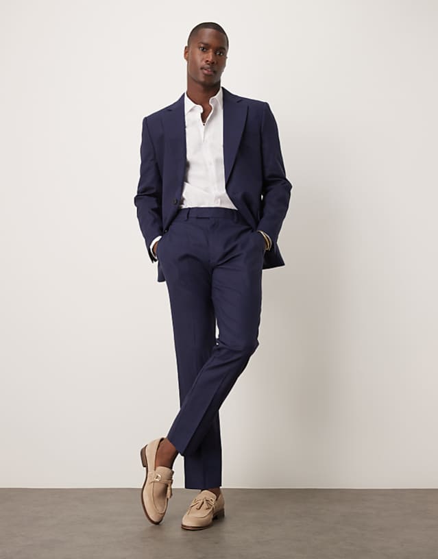 ASOS DESIGN Linen Blend Slim Suit In Navy