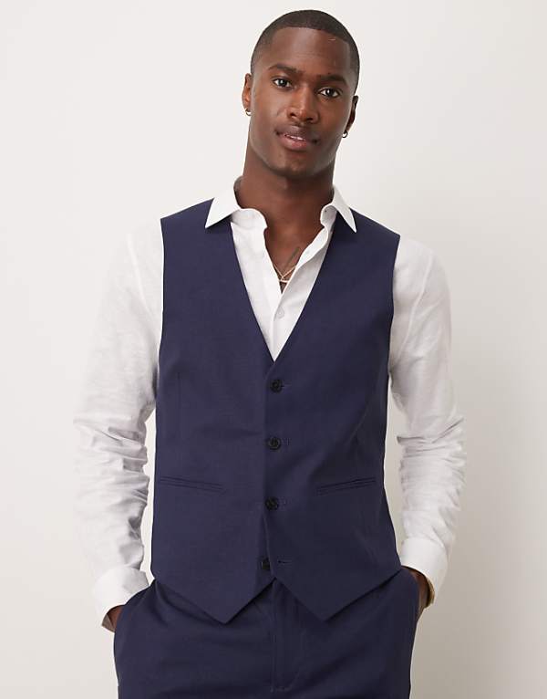 ASOS DESIGN Linen Blend Slim Suit In Navy