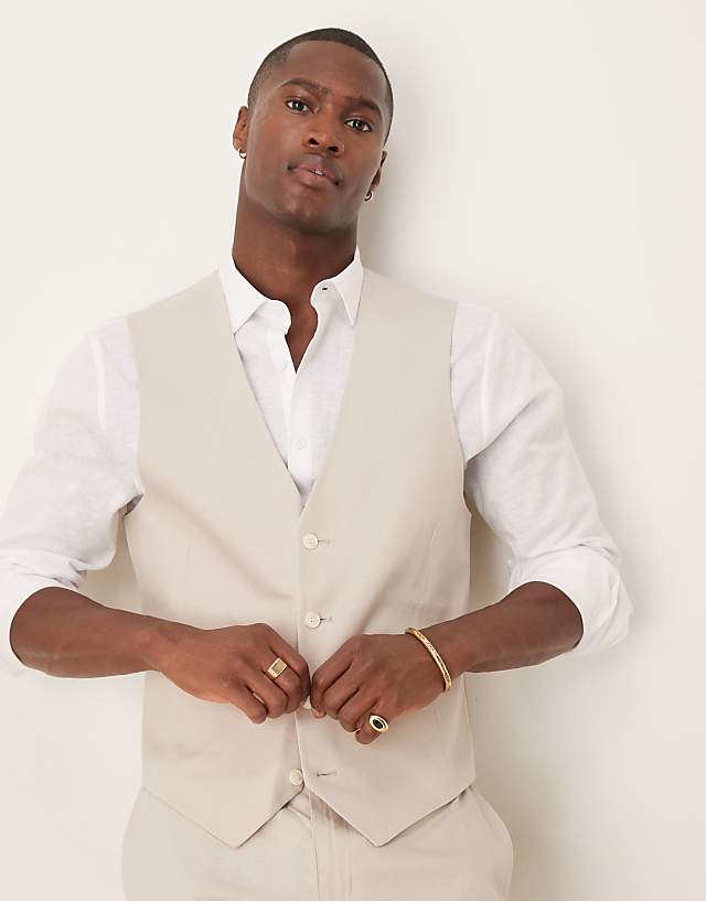 ASOS DESIGN Linen Blend Slim Suit In Stone