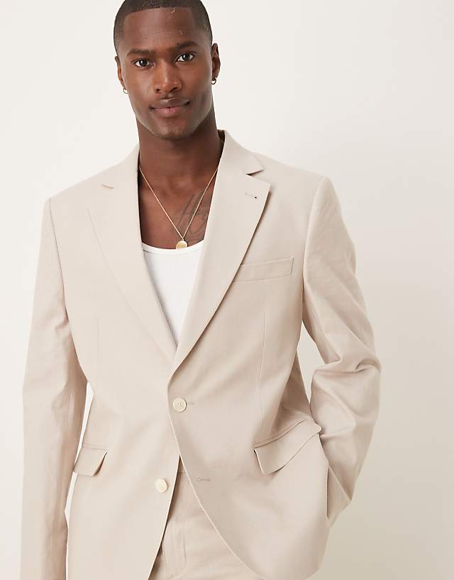 ASOS DESIGN Linen Blend Slim Suit In Stone