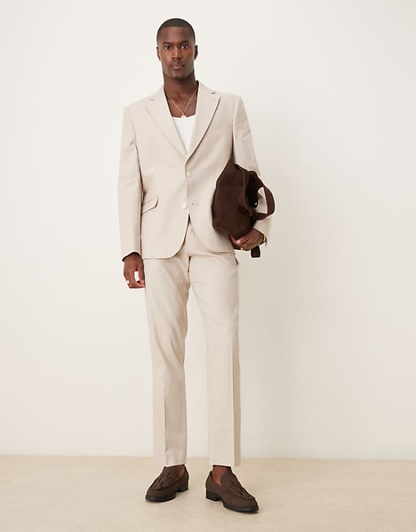 ASOS DESIGN Linen Blend Slim Suit In Stone