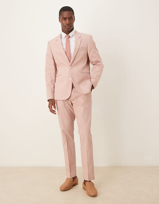 ASOS DESIGN linen look slim suit in pink