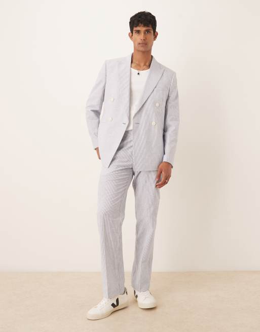 ASOS DESIGN Linen Mix Suit In Blue Pinstripe