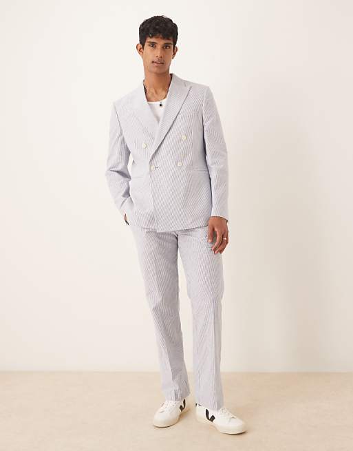 ASOS DESIGN Linen Mix Suit In Blue Pinstripe