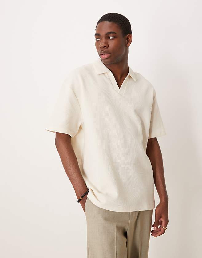 ASOS DESIGN relaxed waffle polo in cream