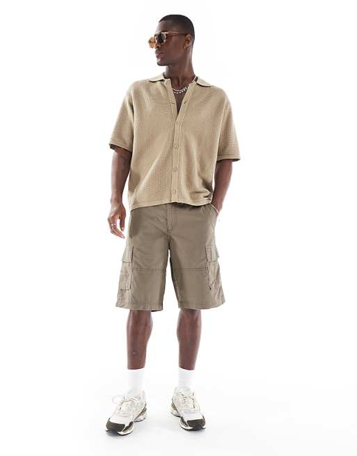 Bershka Button Through Knitted Shirt In Brown