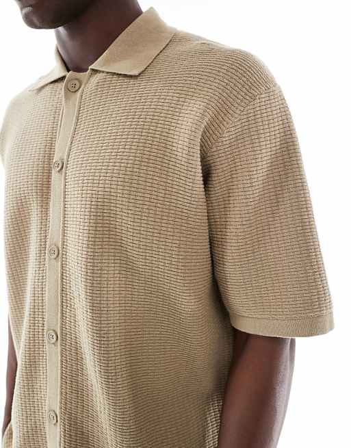 Bershka Button Through Knitted Shirt In Brown