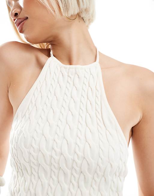 Bershka Cable Knit Halterneck Top In White