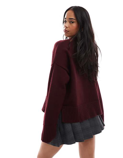 Bershka Chunky Crew Neck Jumper In Burgundy