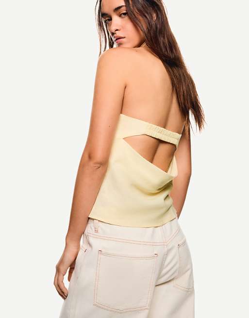 Bershka Linen Blend Bandeau Top In Yellow