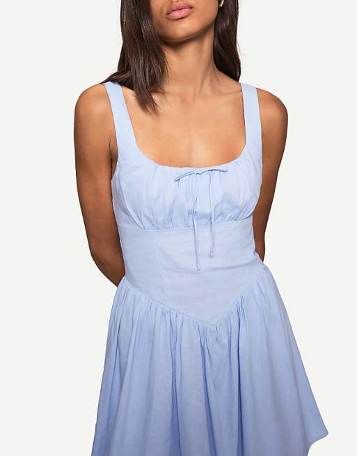 Bershka Linen Blend Flared Mini Dress In Blue