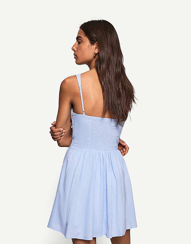 Bershka Linen Blend Flared Mini Dress In Blue