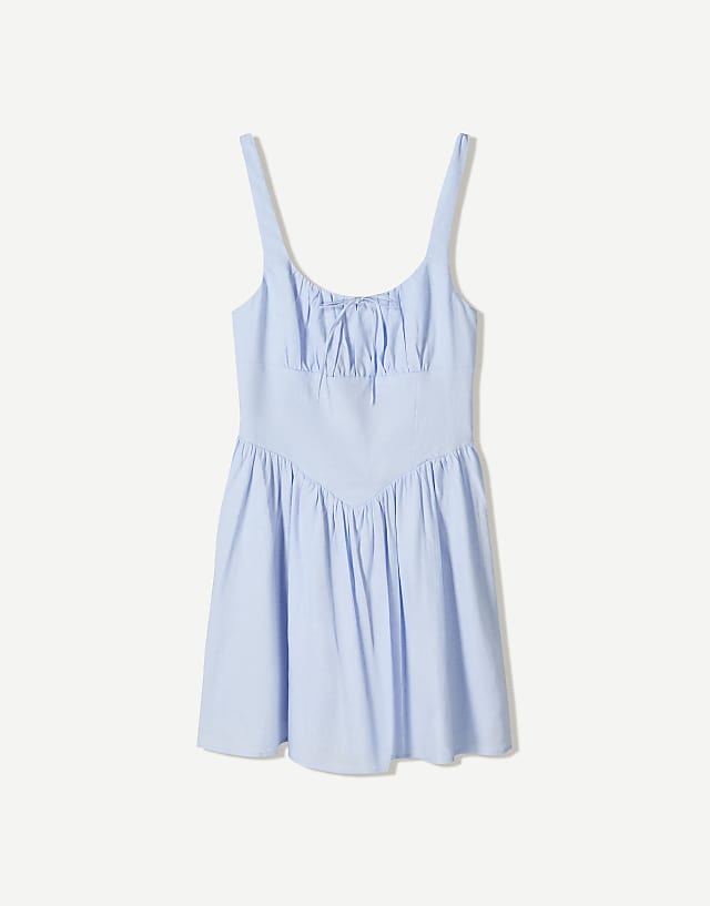 Bershka Linen Blend Flared Mini Dress In Blue