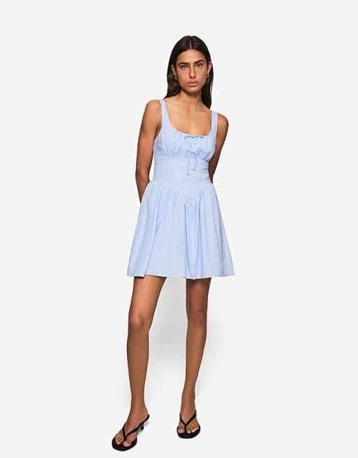 Bershka linen blend flared mini dress in blue