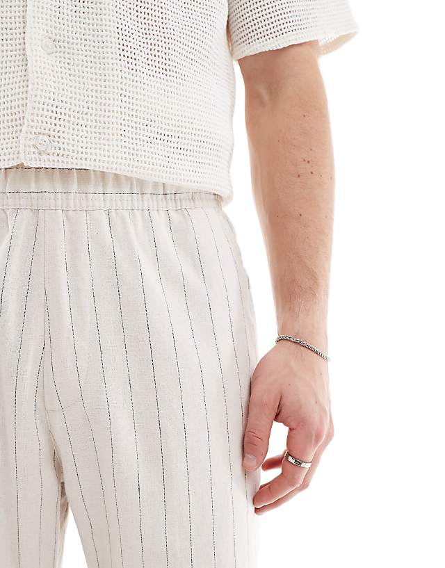Bershka Linen Rich Striped Trouser In Sand