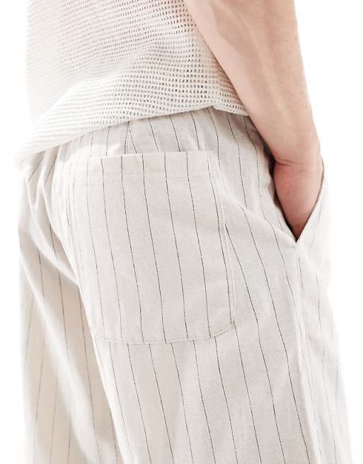 Bershka Linen Rich Striped Trouser In Sand