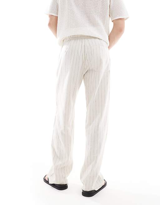 Bershka Linen Rich Striped Trouser In Sand