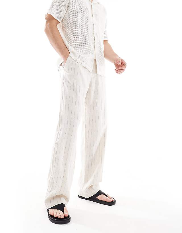 Bershka linen rich striped trouser in sand