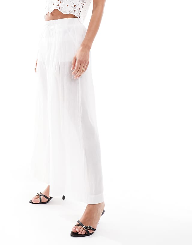 Bershka Wide Leg Linen Trousers In White