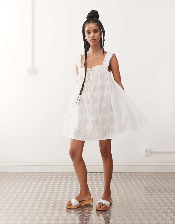 COLLUSION Check Swing Beach Dress In White