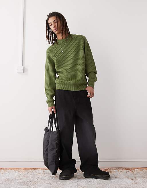 COLLUSION Knitted Crew Neck Jumper In Khaki