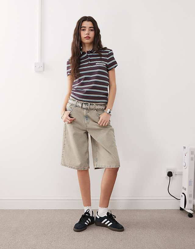 COLLUSION Shrunken Stripe Polo In Brown