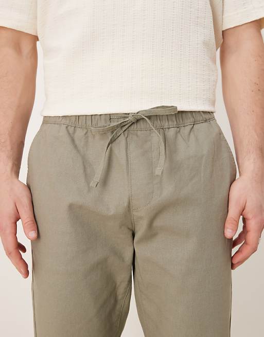ASOS DEISGN Linen Rich Slim Trouser With Elasticated Waist In Khaki