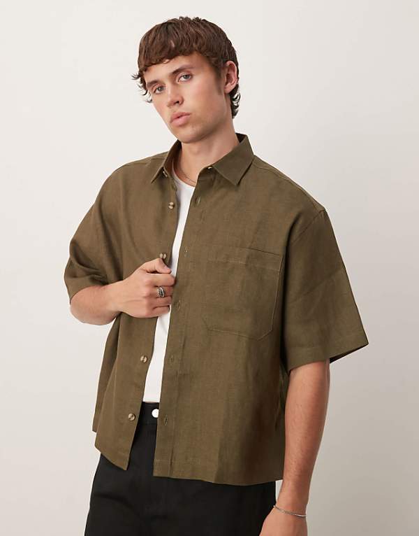 ASOS DESIGN 100% linen boxy oversized shirt in khaki