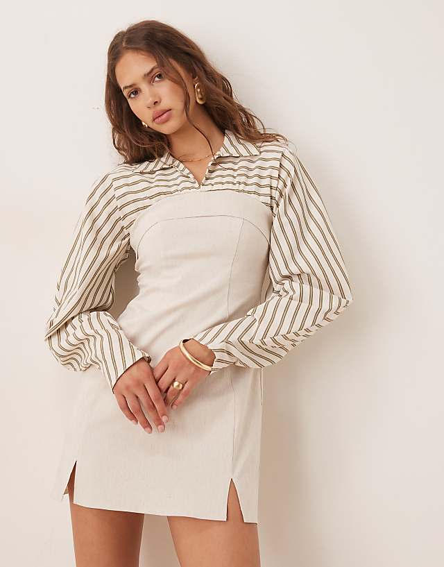 ASOS DESIGN 2 in 1 linen bengaline and stripe shirt mini dress in natural