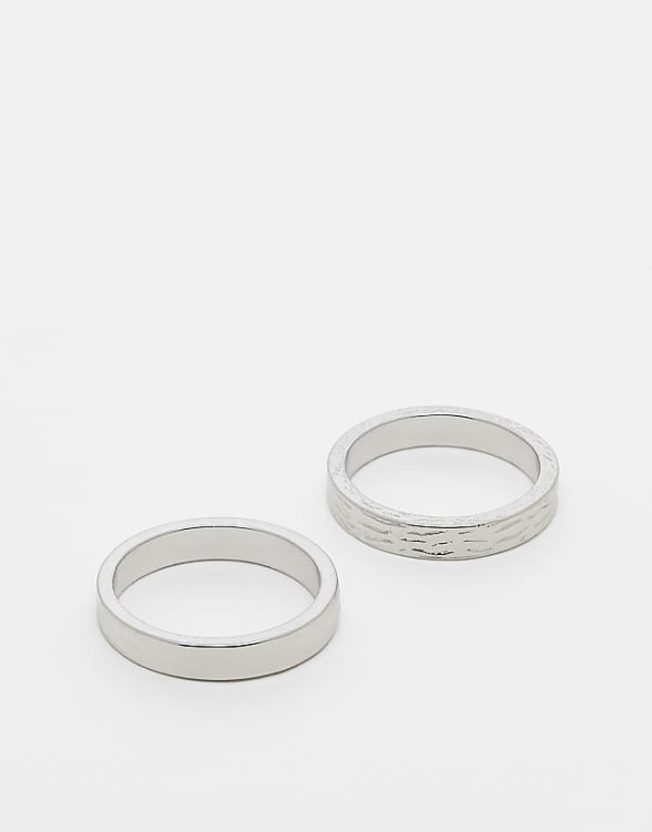 ASOS DESIGN 2 Pack Band Ring Set With Texture In Silver Tone