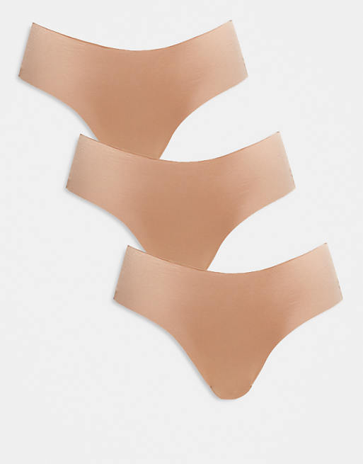 ASOS DESIGN 3 pack no vpl and lace brazilian brief in beige