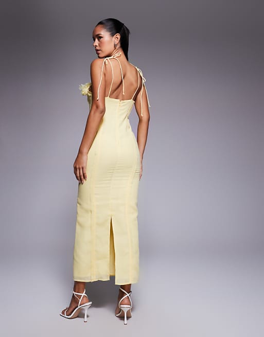 ASOS DESIGN 3D Floral Bust Corset Linen Look Midi Dress In Yellow