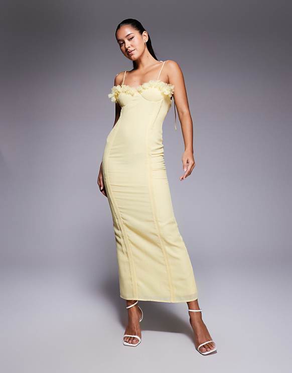 ASOS DESIGN 3D floral bust corset linen look midi dress in yellow